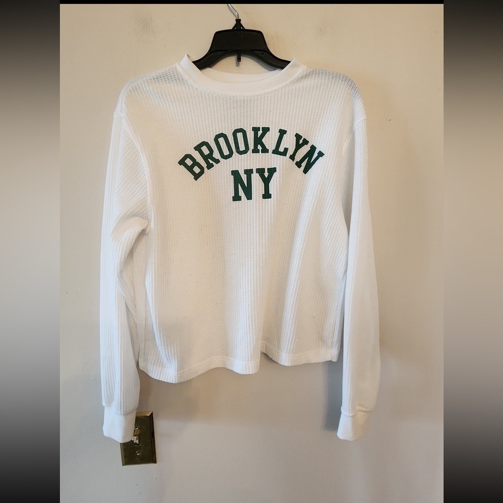 Modern Lux Women's Waffle Knit Long Sleeve White w/Green Brooklyn XS